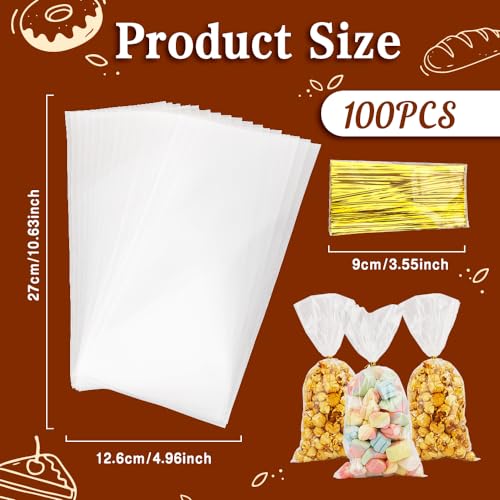 Leislam Cellophane Treat Bags, 100 PCS Clear Cellophane Bags, Plastic Cello Candy Cookies Goodie Gift Bag with 100 PCS Gold Twist Ties for Graduation Spring Birthday Party Favors Supplies 5x11 Inch - Image 2