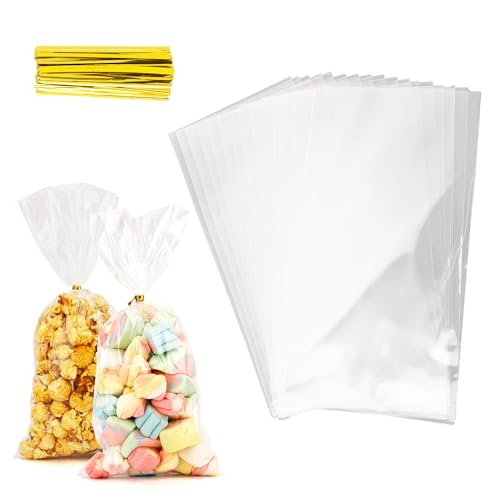 Leislam Cellophane Treat Bags, 100 PCS Clear Cellophane Bags, Plastic Cello Candy Cookies Goodie Gift Bag with 100 PCS Gold Twist Ties for Graduation Spring Birthday Party Favors Supplies 5x11 Inch - Image 1