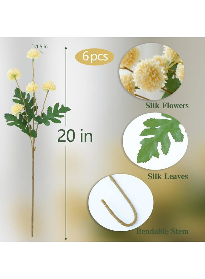 mizii 6Pcs Yellow Fake Silk Pompon Mum Artificial Flowers Bulk Small Faux Chrysanthemums with Stems Realistic Floral Decorations for Wedding DIY Bouquet Centerpieces Shower Vase Home Decor (Yellow) - Image 2