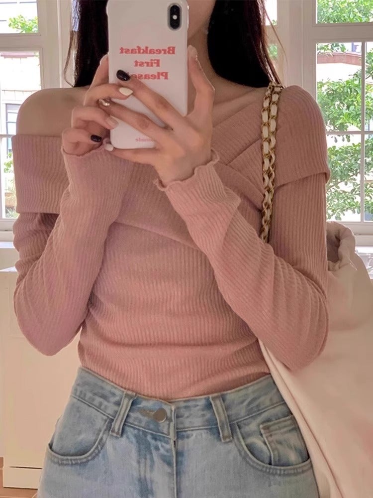 French-style Elegant Elegant Crossover Collar Shoulder Long-sleeved Sweater Womens Autumn 2024 Slim-fit Slim-fit Base Top Pink