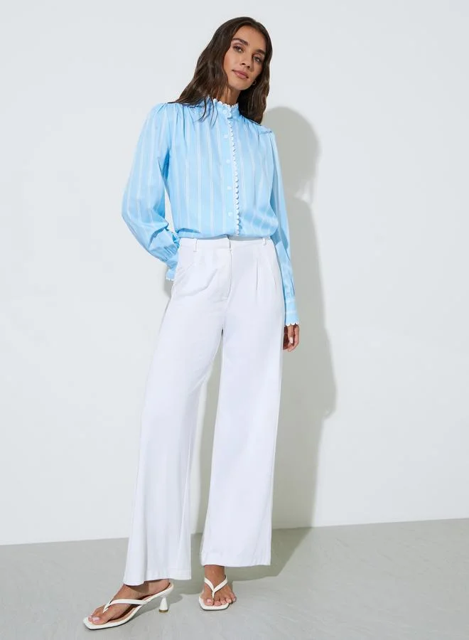 Styli Blue Pinstripe Lace Details Long Sleeves Shirt