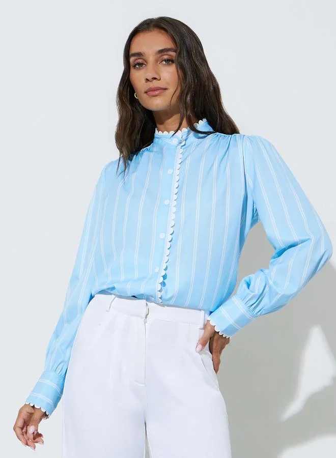Styli Blue Pinstripe Lace Details Long Sleeves Shirt