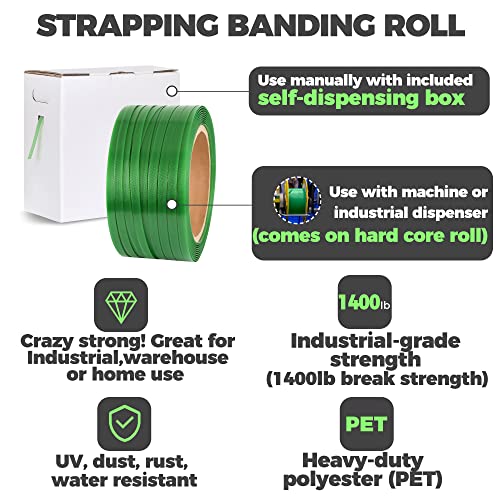 Storage Standard Heavy Duty Packaging Strapping Banding Roll - Green Polyester PET Industrial-Grade, 1000' x 5/8" x 0.035" Pallet Strap Coil - 1400 lbs Break Strength, Rust-Resistant with Self Dispensing Box Kit - Image 4
