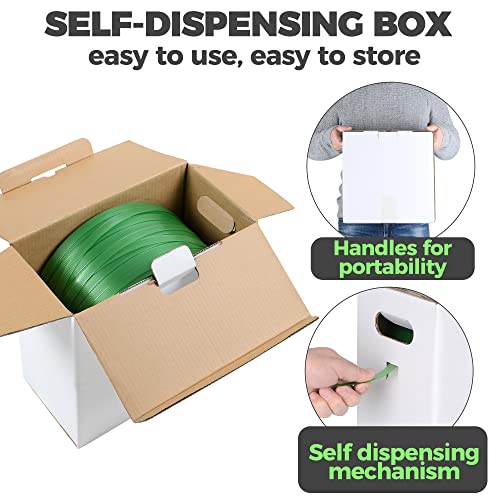 Storage Standard Heavy Duty Packaging Strapping Banding Roll - Green Polyester PET Industrial-Grade, 1000' x 5/8" x 0.035" Pallet Strap Coil - 1400 lbs Break Strength, Rust-Resistant with Self Dispensing Box Kit - Image 2