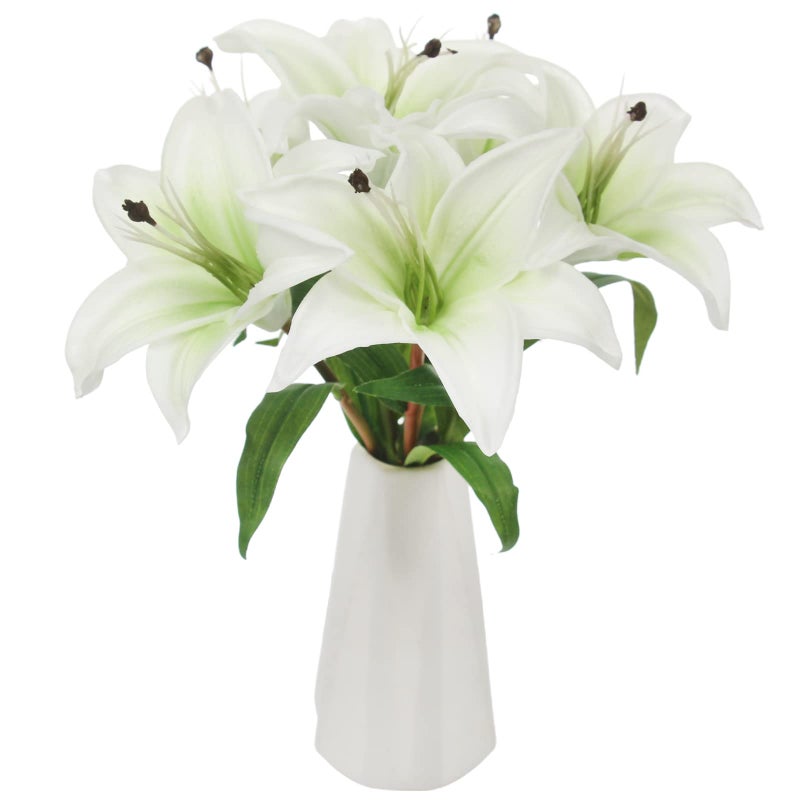 Tinsow 6 Pcs Artificial Lily Real Touch Fake Flowers Lily for Wedding Home Party Garden Shop Office Decoration Easter Lily White 6