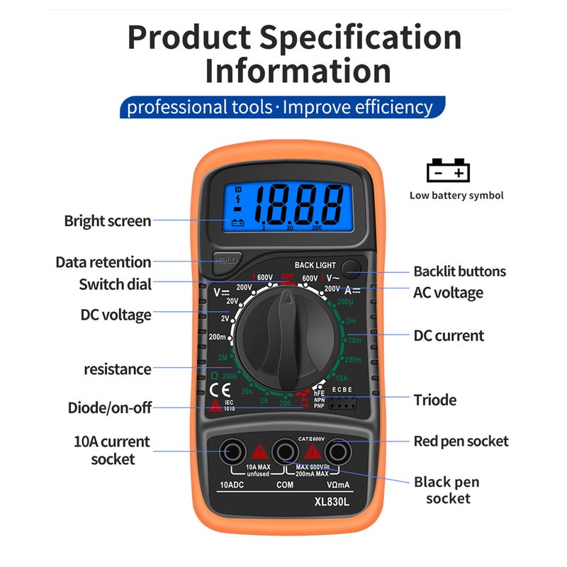 مقياس متعدد الرقمي المحمول XL830L بضوء خلفي للشاشة LCD ومقياس جهد AC/DC محمول ومقياس تيار DC ومقياس مقاومة ومقاومة الجهد بمقياس عالي الدقة ومقياس عالمي - Image 4