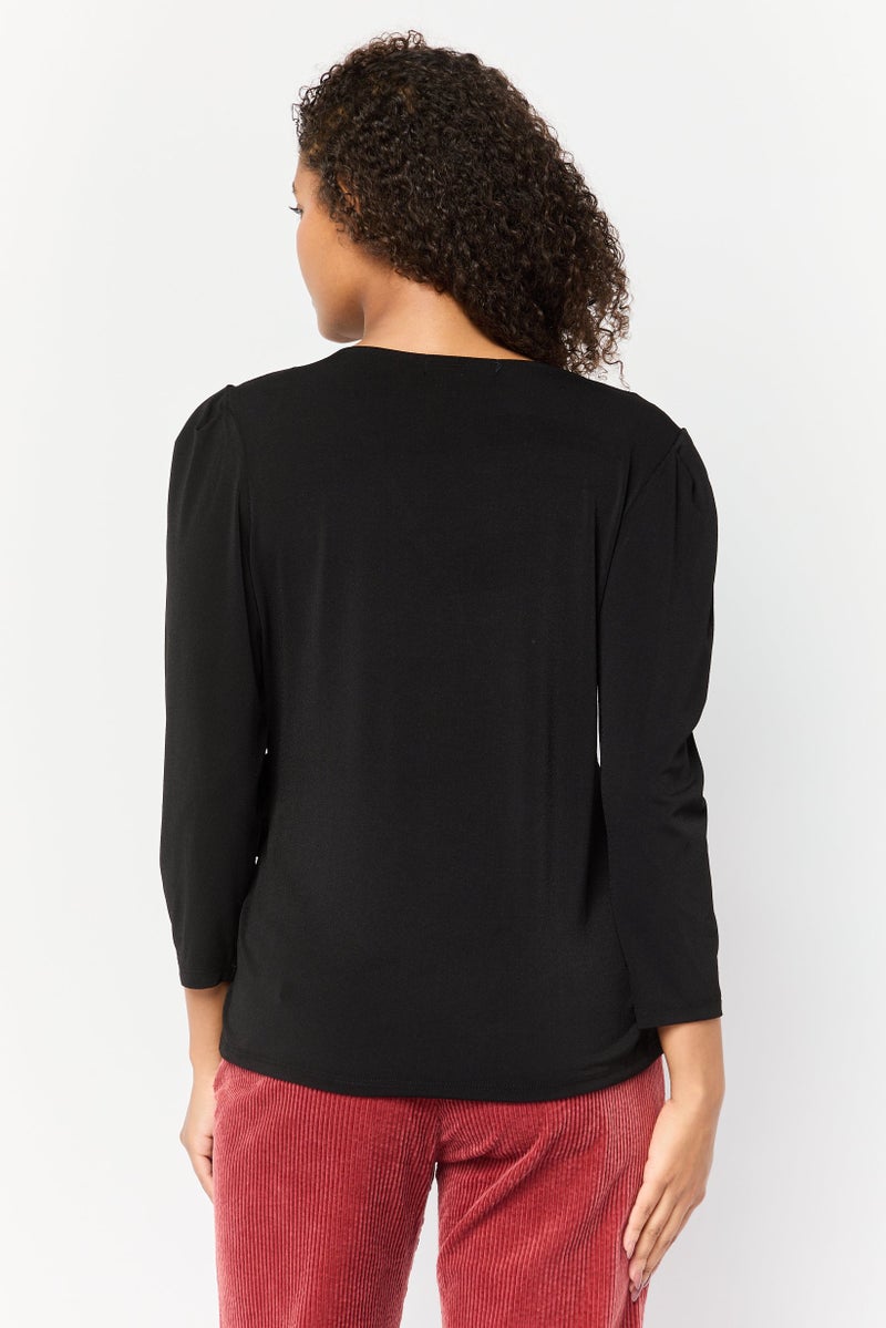 ADRIENNE VITTADINI Women V Neck Plain Top, Black - Image 4