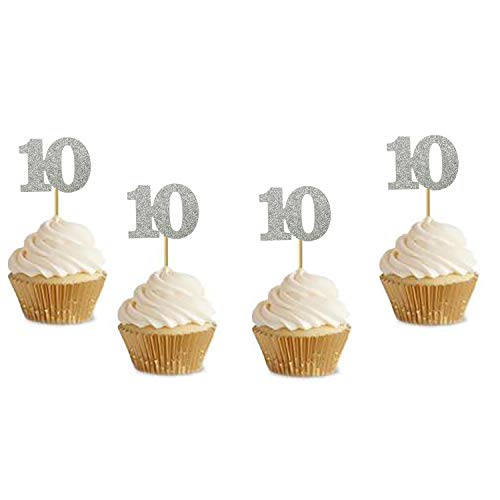 vaujory Glitter Sliver 10th Birthday Party Anniversary Party Cupcake Toppers. 20 Pack Number"10" Cupcake Toppers - Image 1