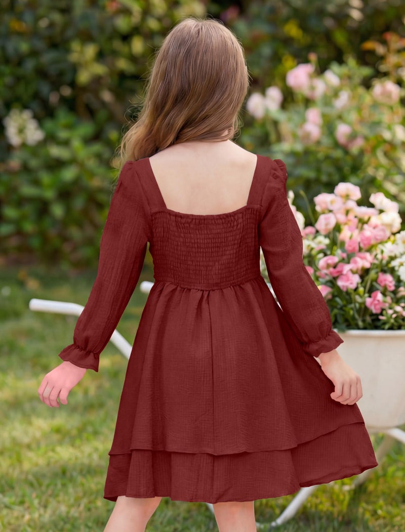 JiAmy Girls Dresses Square Neck Lantern Long Sleeve Ruched Smocked Back Double Layer Ruffle Dress Wine Red 11-12Y - Image 2