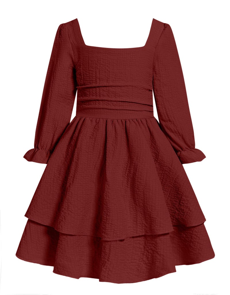 JiAmy Girls Dresses Square Neck Lantern Long Sleeve Ruched Smocked Back Double Layer Ruffle Dress Wine Red 11-12Y - Image 1