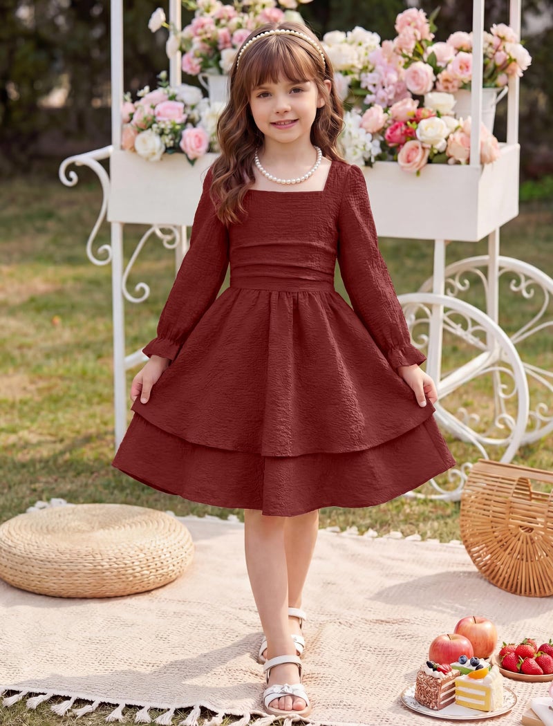 JiAmy Girls Dresses Square Neck Lantern Long Sleeve Ruched Smocked Back Double Layer Ruffle Dress Wine Red 11-12Y - Image 3