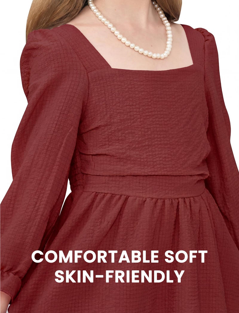 JiAmy Girls Dresses Square Neck Lantern Long Sleeve Ruched Smocked Back Double Layer Ruffle Dress Wine Red 11-12Y - Image 5