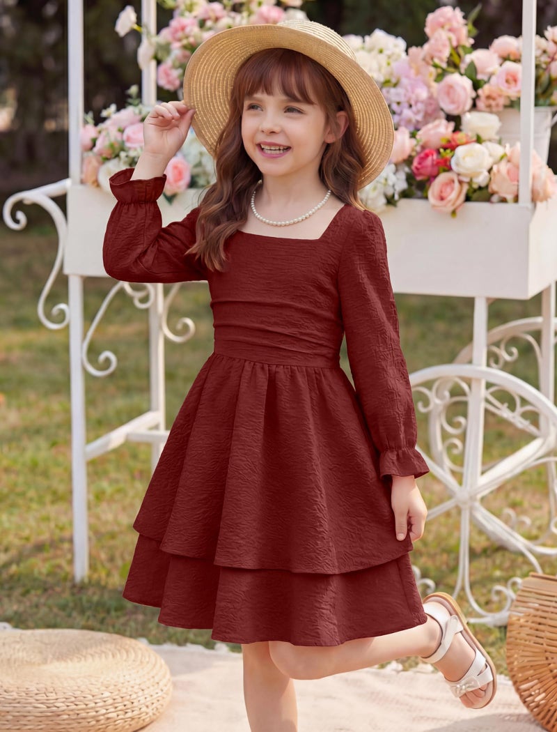 JiAmy Girls Dresses Square Neck Lantern Long Sleeve Ruched Smocked Back Double Layer Ruffle Dress Wine Red 11-12Y - Image 4