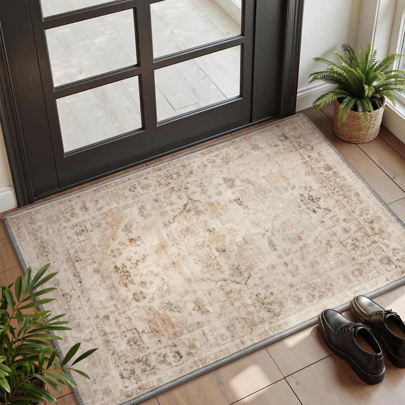 AMOAMI2X3 Small RugWashable Rugs Entryway Mat IndoorSoft Vintage Non Slip Rugs for Kitchen Laundry Room Bathroom Beige Decorative Accent Rug for in Front of Sink 24 Inch x36 Inch - Image 2