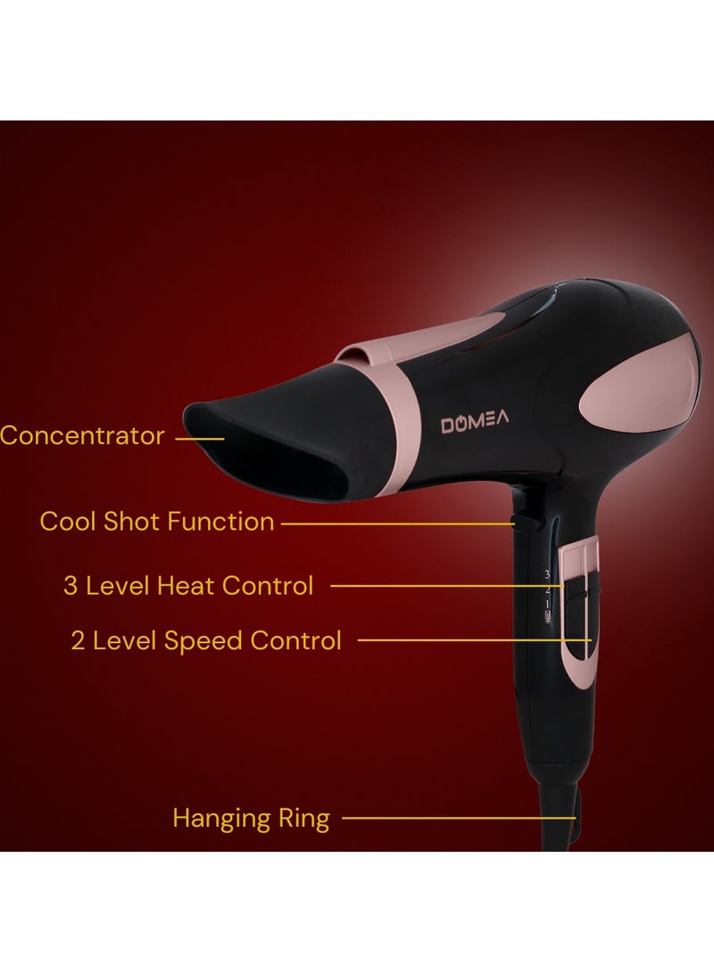 DOMEA 2200W Professional Hair Dryer with Cool Shot Button - 2 Speed & 3 Heat Settings, Concentrator Nozzle, Overheat Protection, Ionic Technology, Lightweight for All Hair Types - Image 4