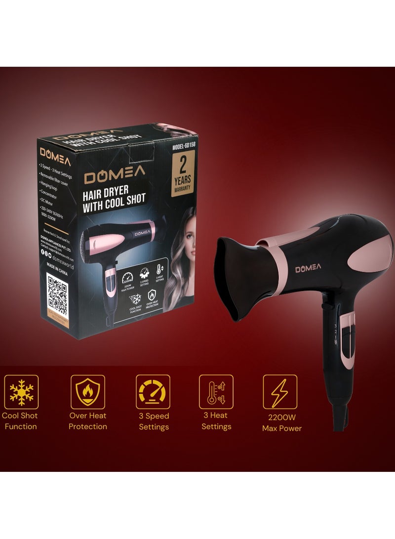 DOMEA 2200W Professional Hair Dryer with Cool Shot Button - 2 Speed & 3 Heat Settings, Concentrator Nozzle, Overheat Protection, Ionic Technology, Lightweight for All Hair Types - Image 5