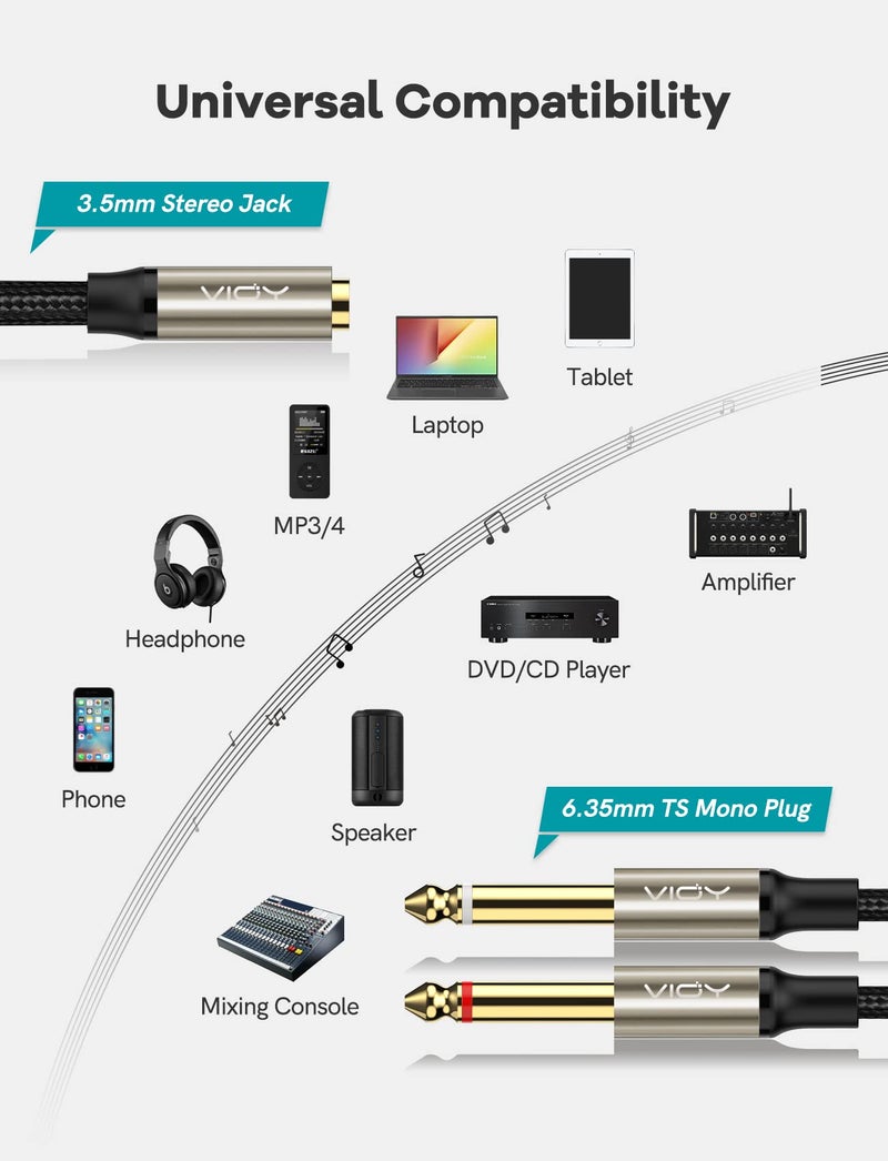 VIOY 3.5mm to Dual 1/4 Inch Audio Splitter Cable, Gold Plated 1/8" TRS Female to Dual Quarter Inch 6.35mm TS Mono Male Plug Braided Stereo Breakout Cable 35cm/13.8inch - Image 2