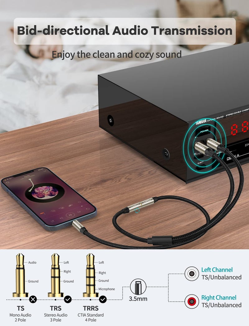 VIOY 3.5mm to Dual 1/4 Inch Audio Splitter Cable, Gold Plated 1/8" TRS Female to Dual Quarter Inch 6.35mm TS Mono Male Plug Braided Stereo Breakout Cable 35cm/13.8inch - Image 5