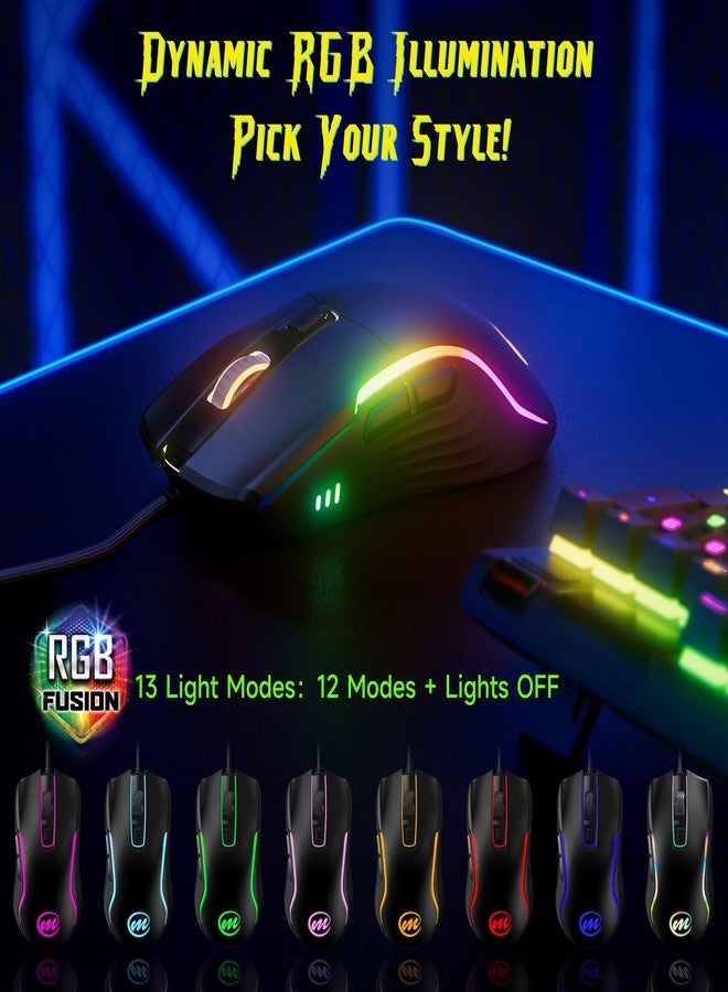 memzuoix Wired Gaming Mouse with LED Lights - 6 Buttons, 6 Adjustable DPI Levels, 1.7m Reinforced USB Cable, Anti-Slip Rubber Wheel, 12 Lighting Modes, Compatible with Windows and Mac-Black - Image 3