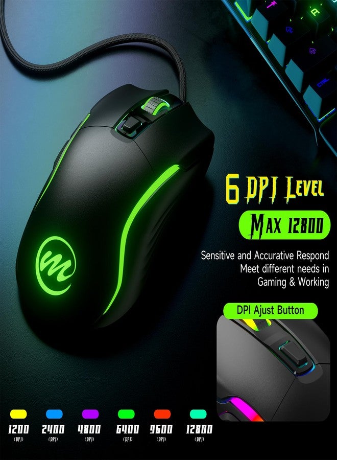 memzuoix Wired Gaming Mouse with LED Lights - 6 Buttons, 6 Adjustable DPI Levels, 1.7m Reinforced USB Cable, Anti-Slip Rubber Wheel, 12 Lighting Modes, Compatible with Windows and Mac-Black - Image 2