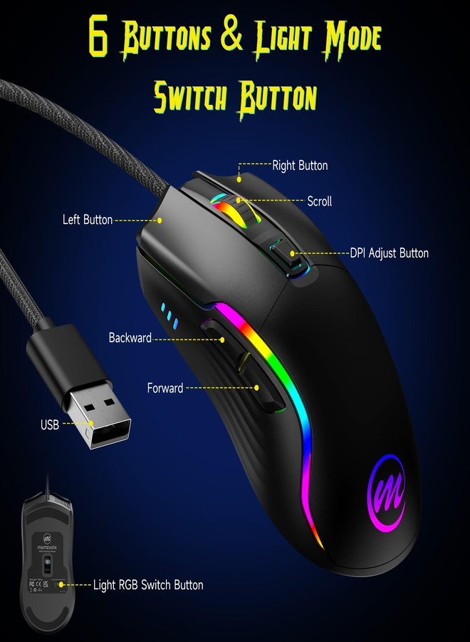 memzuoix Wired Gaming Mouse with LED Lights - 6 Buttons, 6 Adjustable DPI Levels, 1.7m Reinforced USB Cable, Anti-Slip Rubber Wheel, 12 Lighting Modes, Compatible with Windows and Mac-Black - Image 4