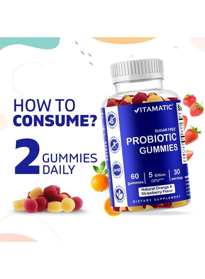 Vitamatic 2 Pack Sugar Free Probiotic Gummies For Men And Women 5 Billion Cfus Digestive Immune & Gut Health Gluten Free - Image 4