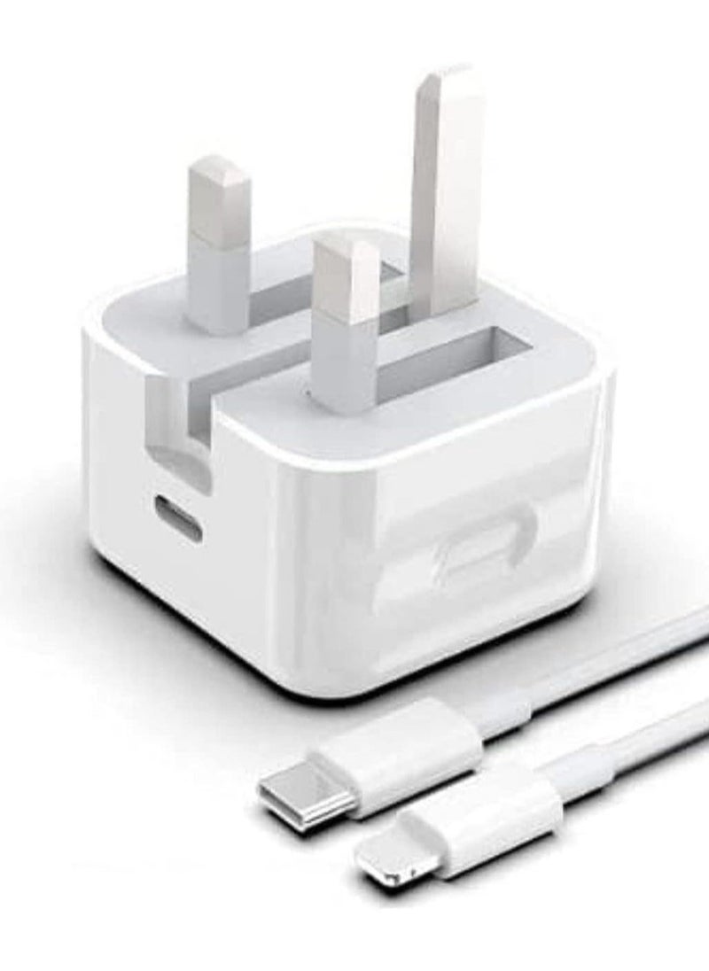 BGM - 20-W Apple Charger Uk Plug Type C Adapter With 1m Iphone Fast Charging Cable Universal Travel Adapter Usb-c Plug Compatible For All Iphone Device 14/13/12/11 Pro And Pro Max / 8 Plus/X Max/Etc - Image 1