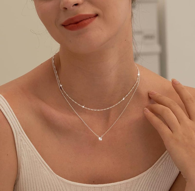 Tewiky Silver Necklace for Women, Dainty Silver Layered Necklaces Sterling Silver Diamond Pendant Necklace Simple Silver Chain Choker Necklaces Fashion Silver Set Jewelry Gifts for Womens - Image 2