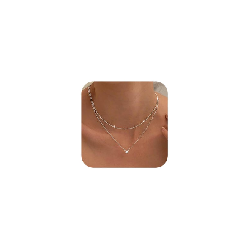 Tewiky Silver Necklace for Women, Dainty Silver Layered Necklaces Sterling Silver Diamond Pendant Necklace Simple Silver Chain Choker Necklaces Fashion Silver Set Jewelry Gifts for Womens - Image 1