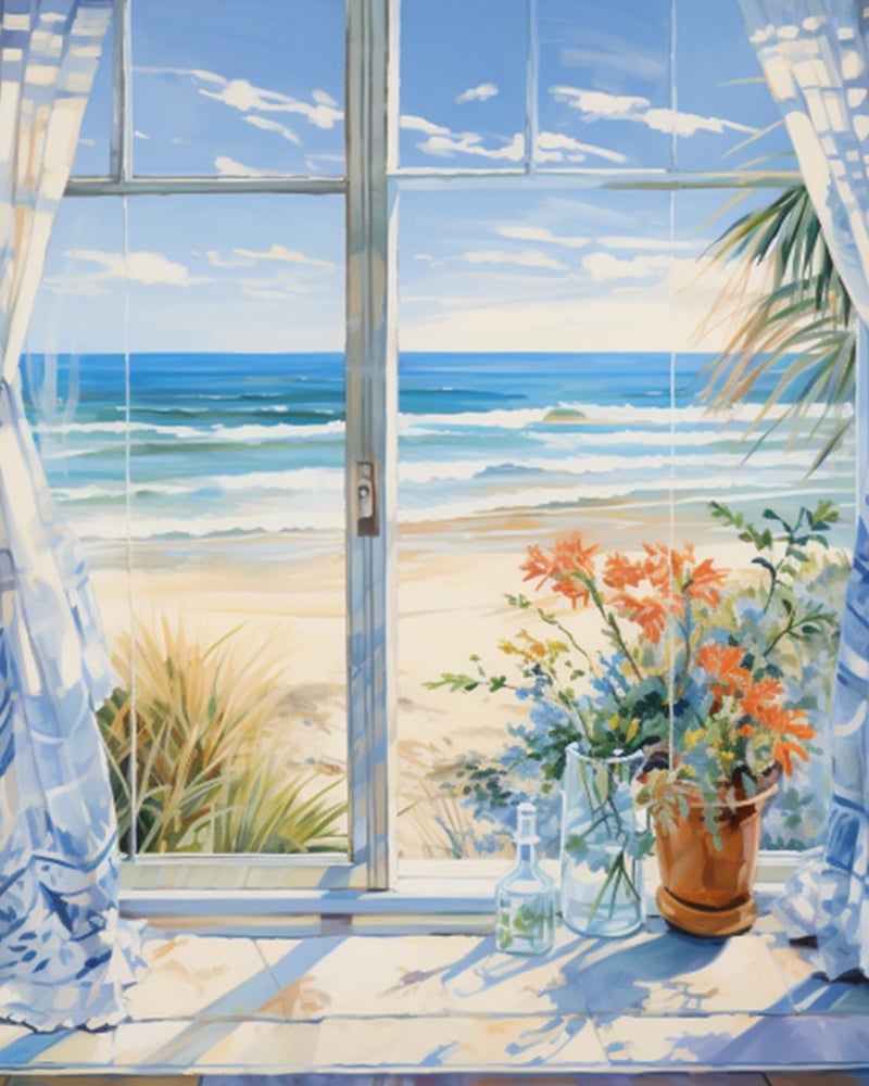 Tucocoo Beach Window Landscape Oil Painting Paint by Number Kits 16 x 20 inch Canvas Flowers Seaside Scenery DIY Oil Painting for Kids Students Adults Beginner with Brushes Acrylic Pigment without Frame - Image 1