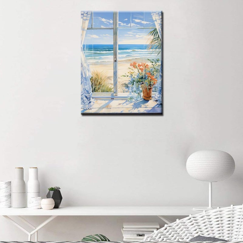 Tucocoo Beach Window Landscape Oil Painting Paint by Number Kits 16 x 20 inch Canvas Flowers Seaside Scenery DIY Oil Painting for Kids Students Adults Beginner with Brushes Acrylic Pigment without Frame - Image 3