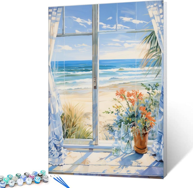 Tucocoo Beach Window Landscape Oil Painting Paint by Number Kits 16 x 20 inch Canvas Flowers Seaside Scenery DIY Oil Painting for Kids Students Adults Beginner with Brushes Acrylic Pigment without Frame - Image 2