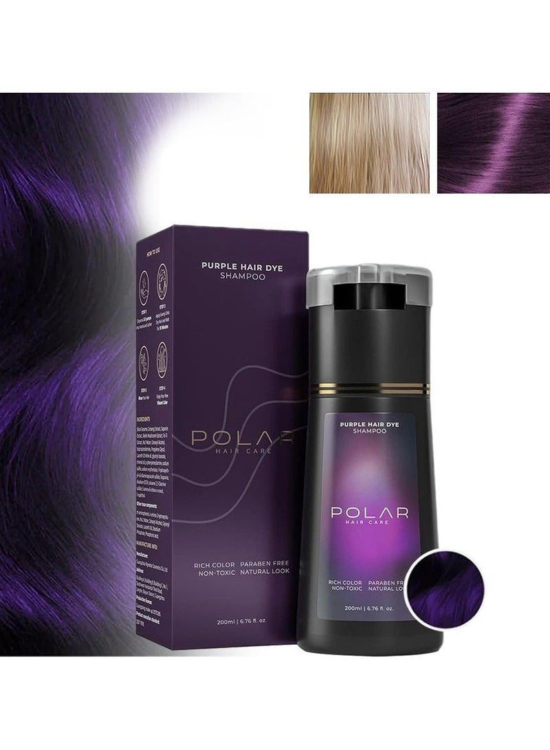 POLAR Hair Dye Shampoo, Natural Hair Color Shampoo For Gray Hair Coverage, Haircare Suitable For Women & Men 200ml (Purple) - Image 1