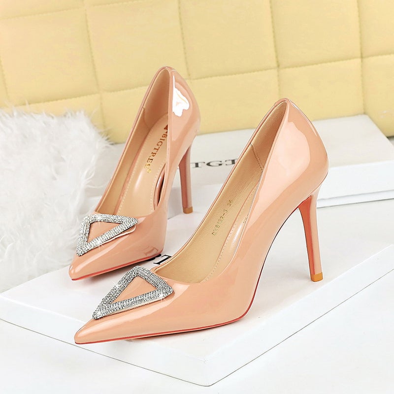 6122-3K36 Banquet High Heels Stiletto Heel Shiny Patent Leather Shallow Mouth Pointed Shining Rhinestone High Heel Shoes - Image 4
