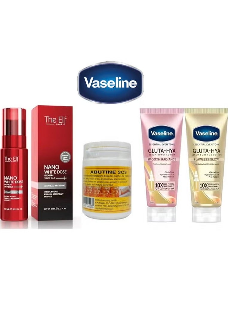 Vaseline Gluta-Hya Serum Burst Lotion (Smooth Radiance / Flawless Glow) & The Elf Nano White Dose Premium White Plus Serum 60ml & Abutine 3C3 Skin Whitening Cream 250gm & Gluta-Hya Serum Burst Lotion Smooth Radiance - Set