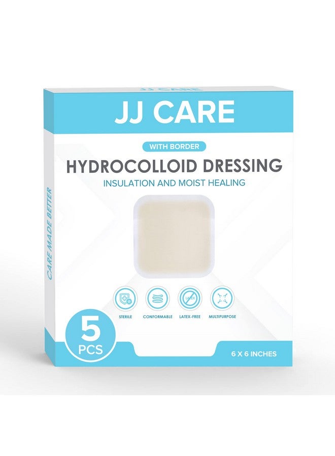 JJ CARE Hydrocolloid Dressing 6X6 [Pack 5], 0.8Mm Thick Large Hydrocolloid Bandages With Border, Self-Adhesive Thin Hydrocolloid Wound Dressing, Wound Care Bandages For Bedsores And Blisters - Image 1