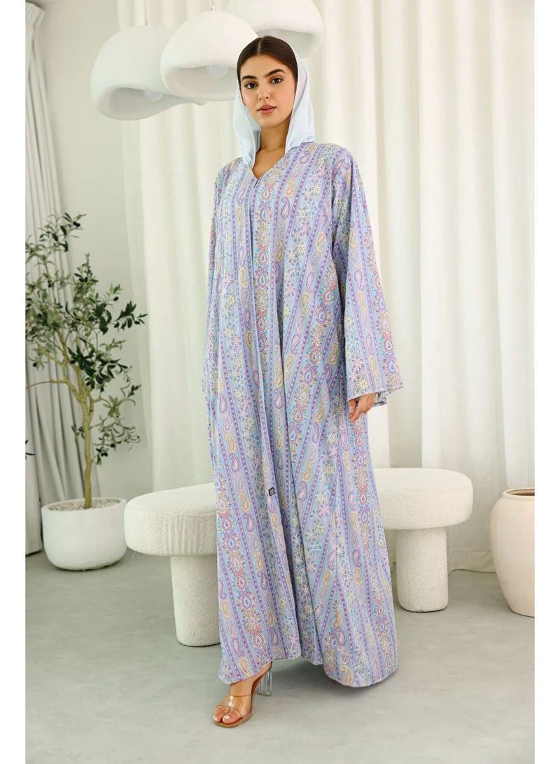 اكسا عباية قصة واسعة نقوش ربيعية بنفسجي