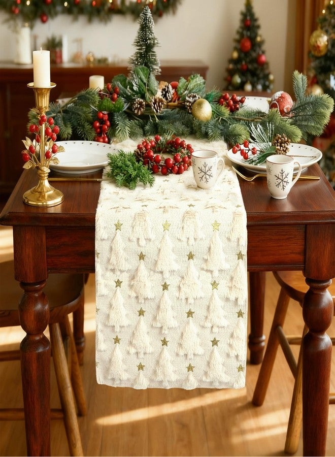 Apear1 Christmas Table Runner, Xmas Trees Star Beige Soft Plush Faux Fur Jacquard Kitchen Dining Table Decoration for Farmhouse Home Party Decor 13x72 Inch (Beige A, 13" x 72") - Image 4