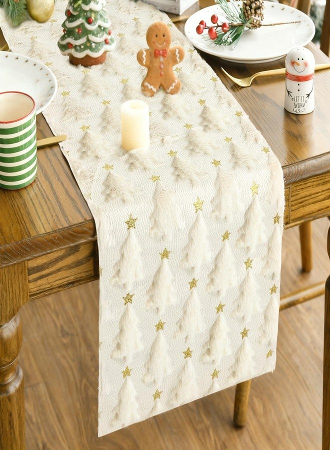 Apear1 Christmas Table Runner, Xmas Trees Star Beige Soft Plush Faux Fur Jacquard Kitchen Dining Table Decoration for Farmhouse Home Party Decor 13x72 Inch (Beige A, 13" x 72") - Image 1