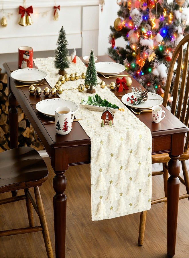 Apear1 Christmas Table Runner, Xmas Trees Star Beige Soft Plush Faux Fur Jacquard Kitchen Dining Table Decoration for Farmhouse Home Party Decor 13x72 Inch (Beige A, 13" x 72") - Image 3