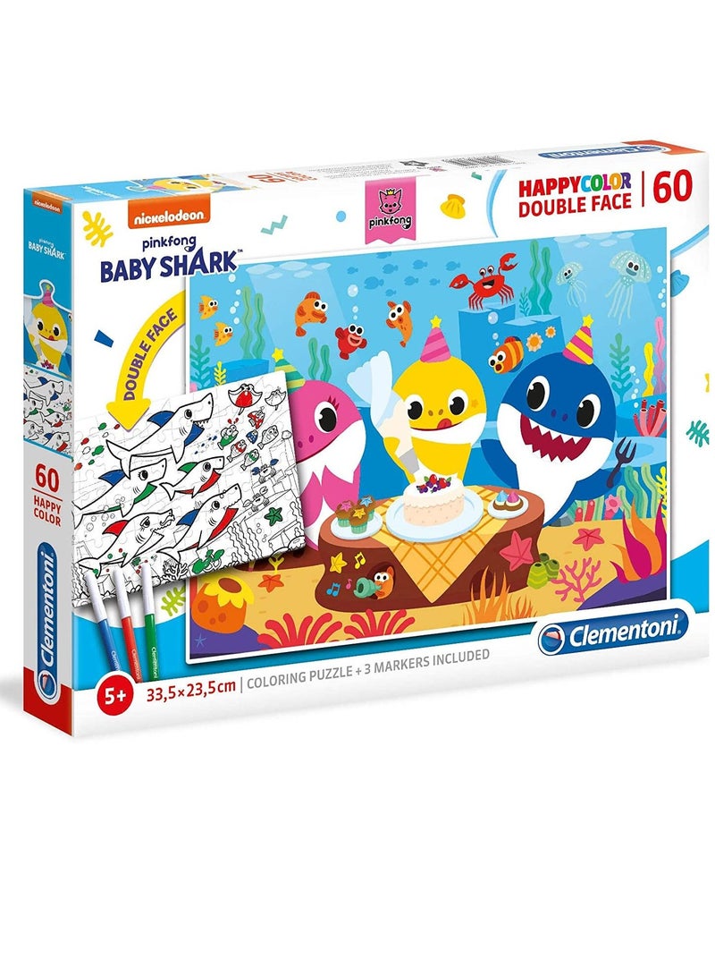 Clementoni 26095 Baby Shark Supercolor Double Face Coloring Puzzle for Children – 60 Pieces, Ages 5 Years Plus, Multi-Coloured - Image 1