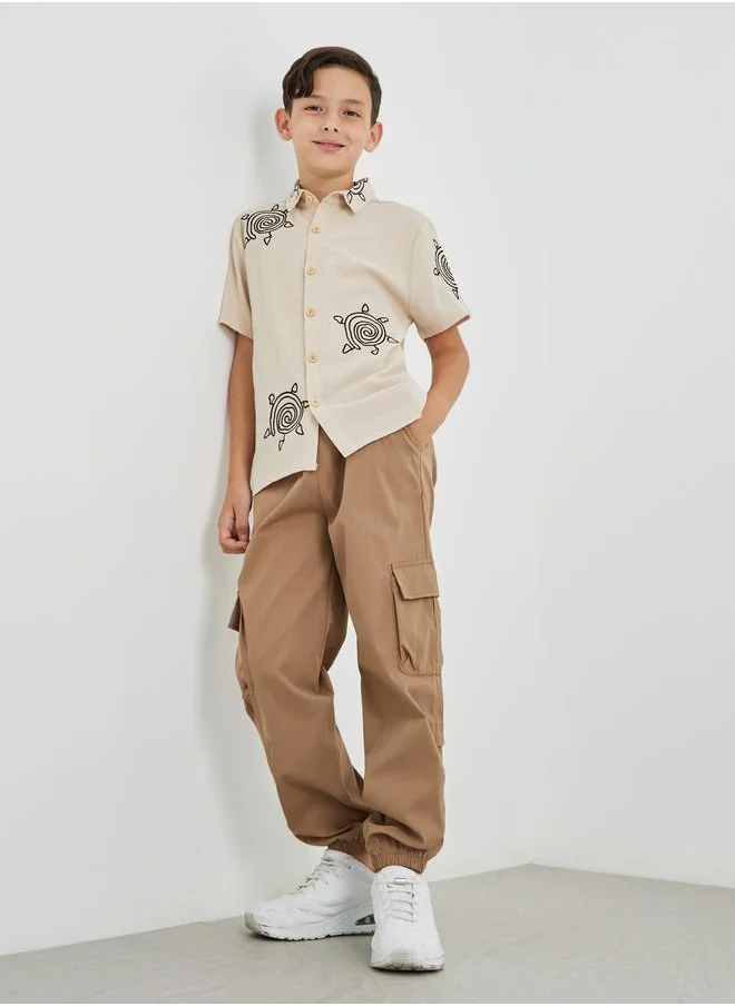 ستايلي Styli Embroidered Collared Short Sleeve Shirt