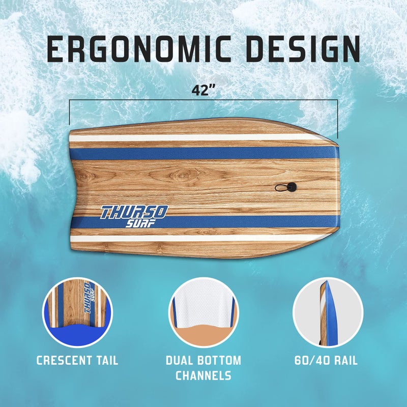 THURSO SURF ثورسو سيرف كويل 42 بوصة لوح بدن خفيف الوزن متين نواة EPS سطح IXPE قاع HDPE سلس FRP دعامة ذيل هلالي قناتين مزدوجتين شبكة بلاستيكية مع حزام معصم ملفوف مزدوج من الفولاذ المقاوم للصدأ - Image 3