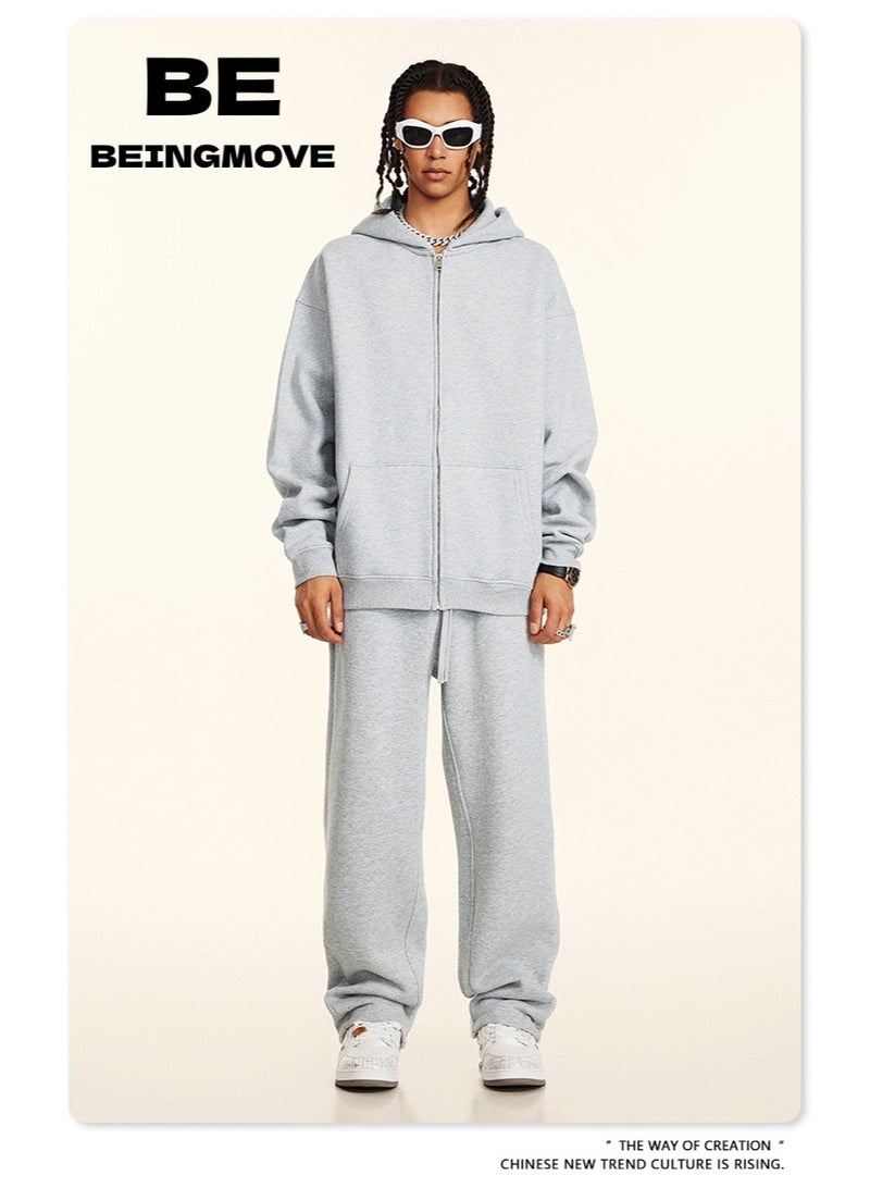 بى طقم من قطعتين: سويت شيرت بغطاء رأس بلون سادة، كارديجان فضفاض كاجوال، وبنطال رياضي (رمادي) - Image 1