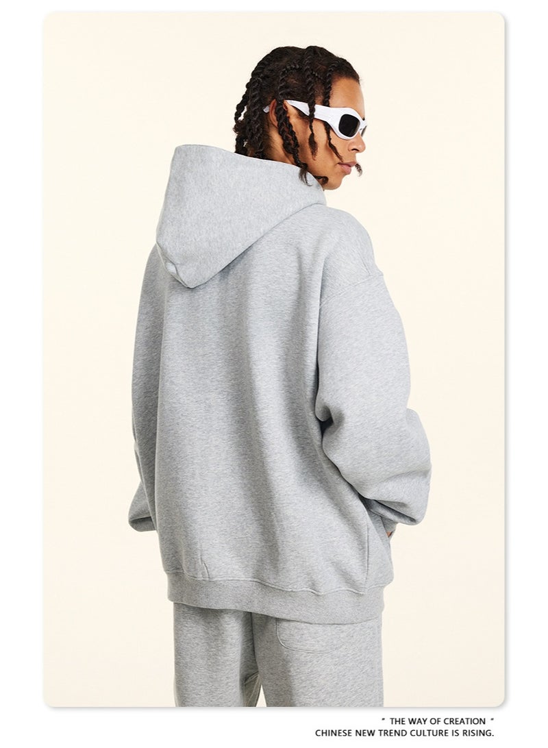 بى طقم من قطعتين: سويت شيرت بغطاء رأس بلون سادة، كارديجان فضفاض كاجوال، وبنطال رياضي (رمادي) - Image 5