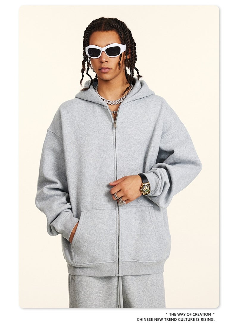 بى طقم من قطعتين: سويت شيرت بغطاء رأس بلون سادة، كارديجان فضفاض كاجوال، وبنطال رياضي (رمادي) - Image 4