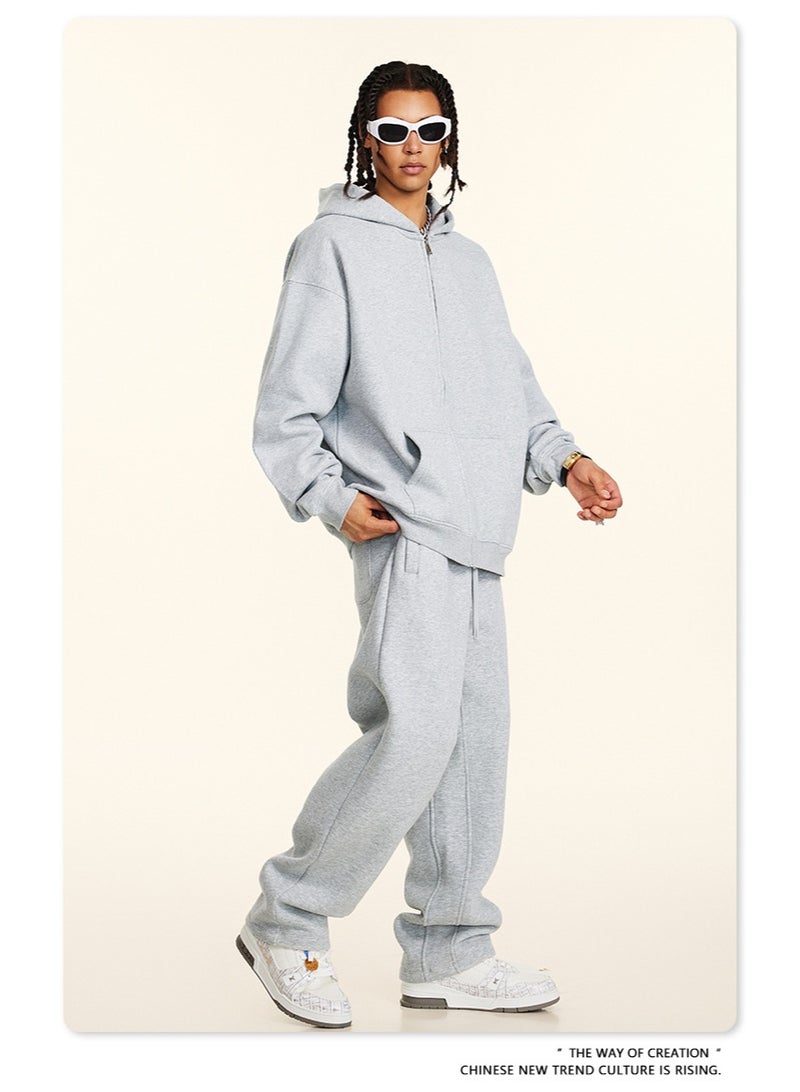 بى طقم من قطعتين: سويت شيرت بغطاء رأس بلون سادة، كارديجان فضفاض كاجوال، وبنطال رياضي (رمادي) - Image 2