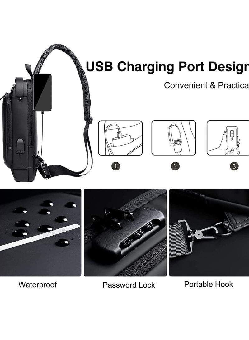 MIXDE Crossbody Sling Bag, Body Chest Shoulder Bag for Men Women Casual Shoulder Backpack Bag, Waterproof Leather Chest Casual Daypack with Usb Charging Port for Travel Hiking  - Image 3