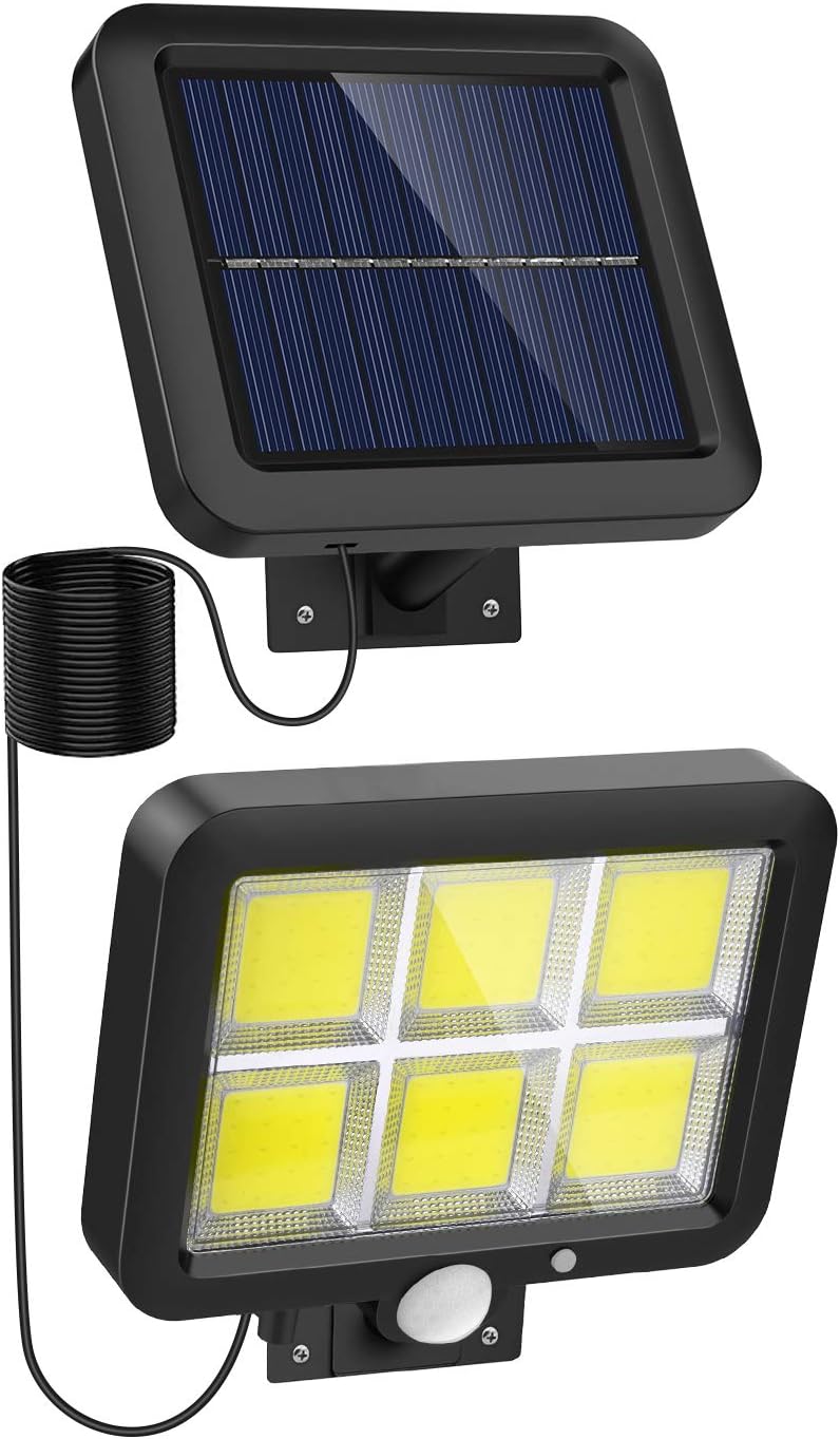 NACINIC أضواء شمسية خارجية مع مستشعر حركة و120 مصباح COB ساطع، كابل بطول 16.4 قدم، 3 أوضاع إضاءة، ألواح قابلة للتعديل. أضواء شمسية سلكية للاستخدام الداخلي والخارجي والسقف والسقيفة والفناء (5500K) - Image 1