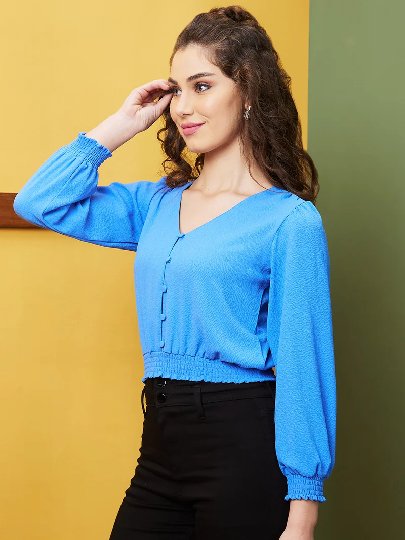 globus Women Blue V-Neck Bishop Sleeves Blouson Crop Top